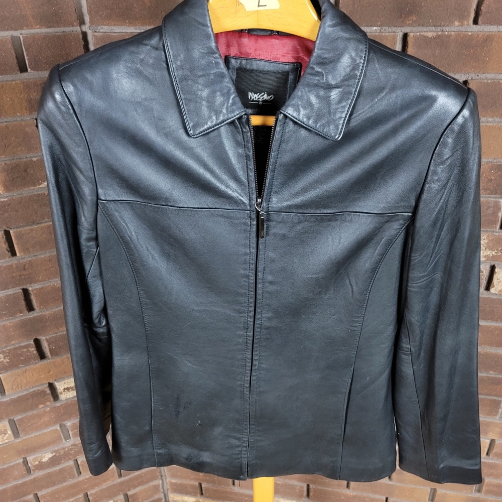 Vintage 90s leather zip front jacket, pockets, Mossimo, collared, lined small